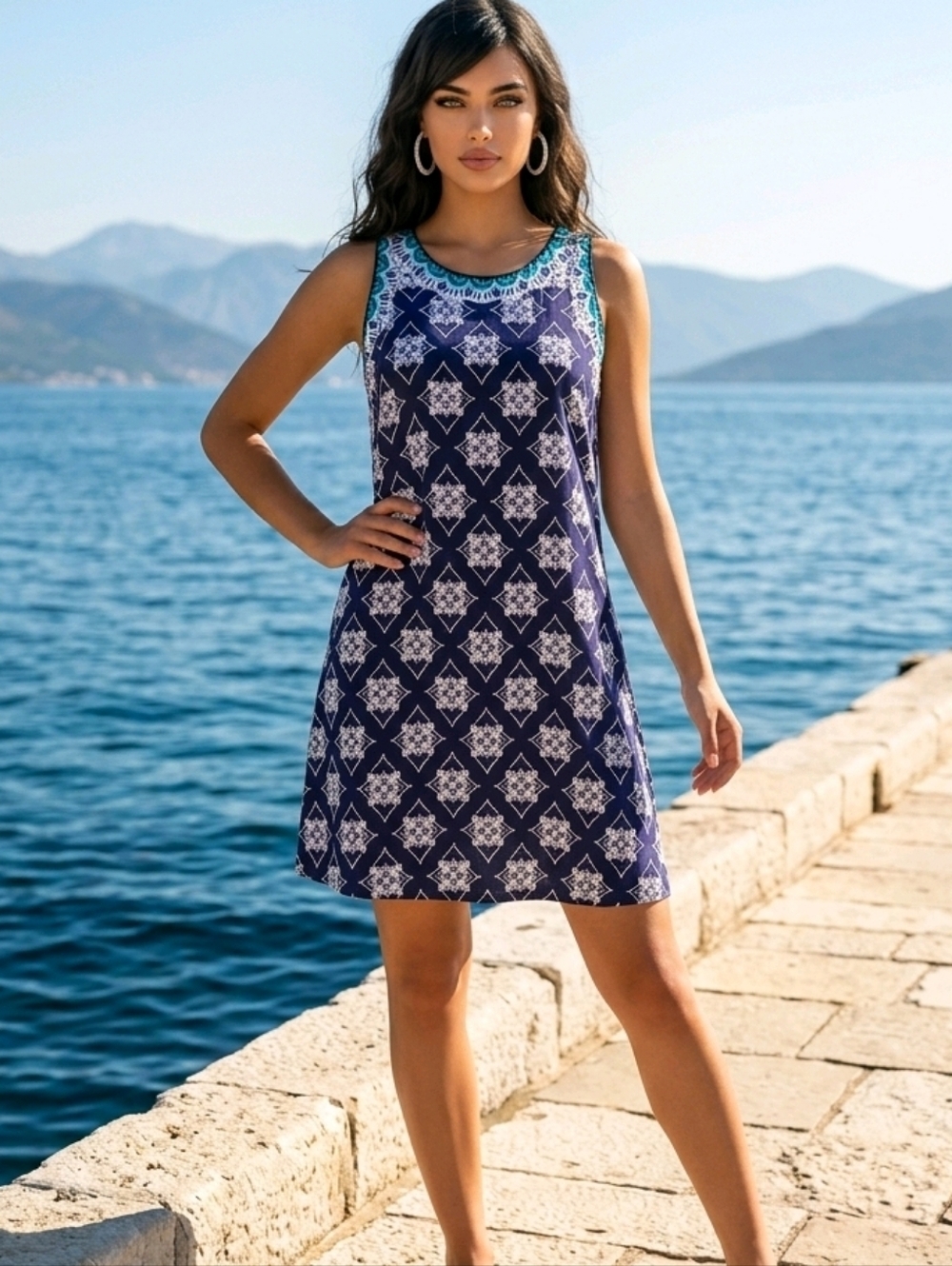 Hatley Navy and White Mosaic Dress with Turquoise Trim